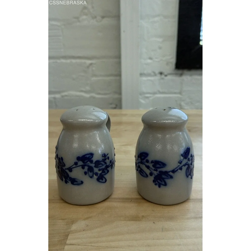 Vintage Salt Glaze Stoneware Salt and Pepper Shakers Blue Floral 2 Piece Set